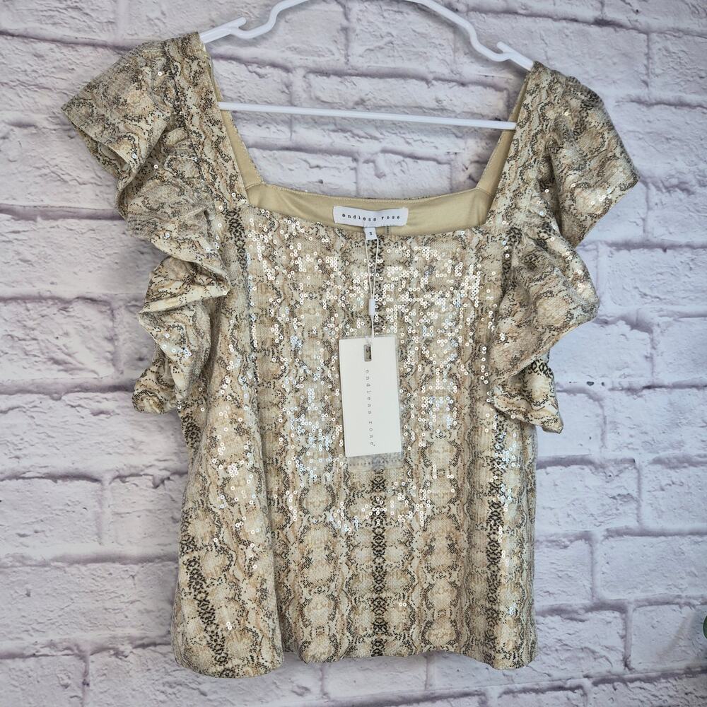 NWT Endless Rose Sequin Python Snakeskin Babydoll Top Ruffle Small Multi - Picture 3 of 10